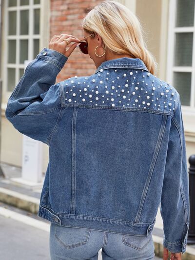 Pearl Detail Collared Neck Long Sleeve Denim Jacket