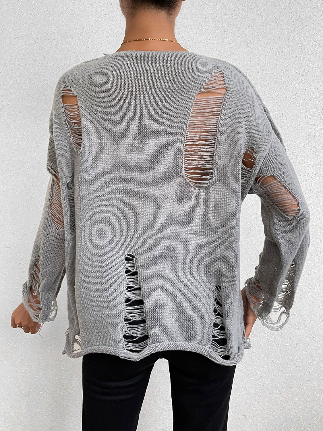 Distressed Round Neck Knit Top