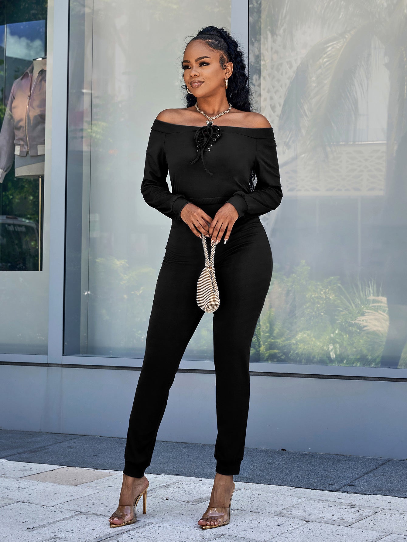 Lace-Up Off-Shoulder Long Sleeve Jumpsuit Trendsi