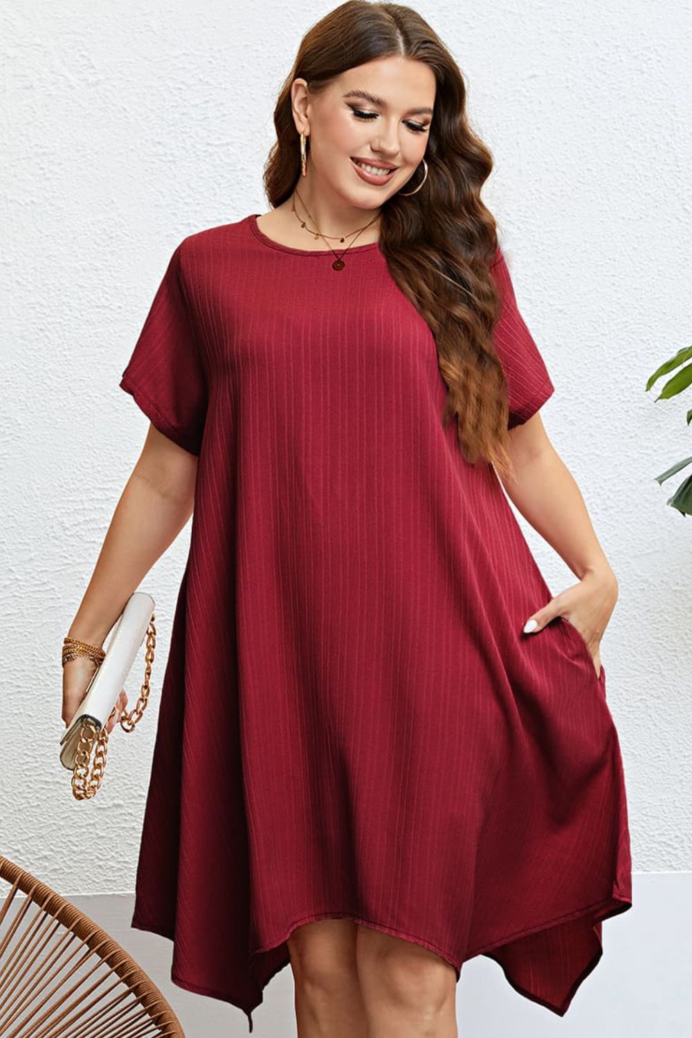 Gem Plus Round Neck Handkerchief Hem Dress Trendsi