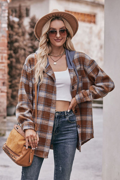 Plaid Dropped Shoulder Hooded Longline Jacket