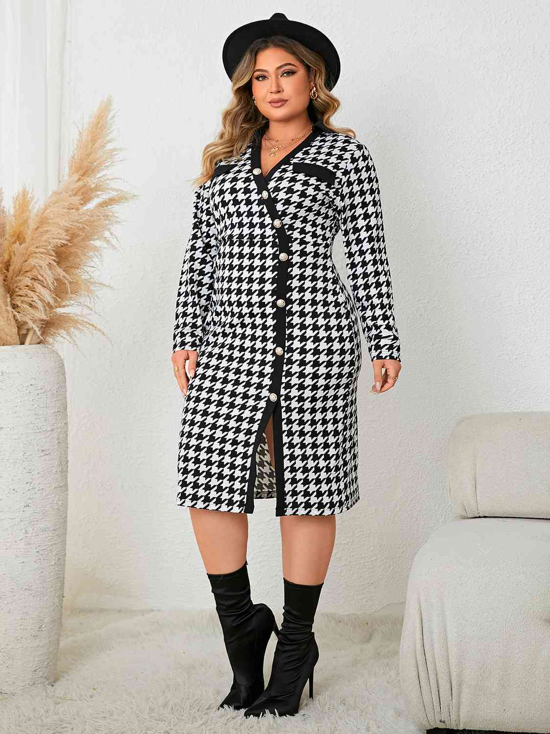 Plus+ Houndstooth Long Sleeve Slit Dress