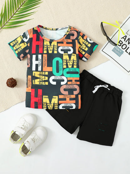 Boys Slogan Print Round Neck Top and Shorts Set