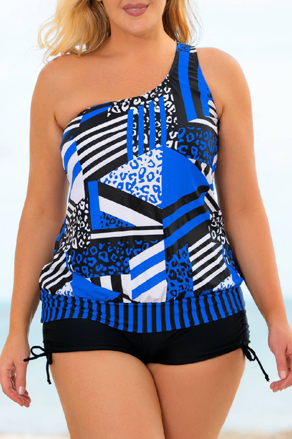 Gem Plus+ Patchwork Tied One-Shoulder Tankini Set