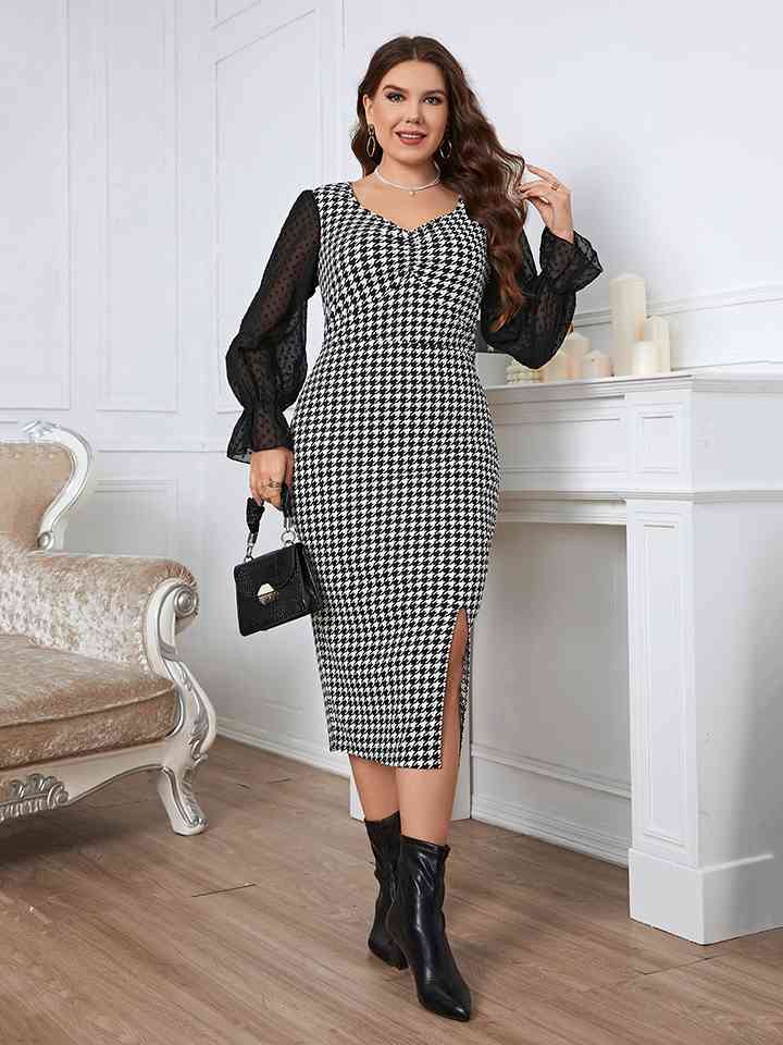 Plus+ Houndstooth Flounce Sleeve Slit Dress