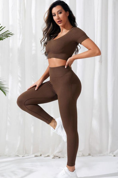 V-Neck Crop Top and High Waistband Long Sports Pants Set