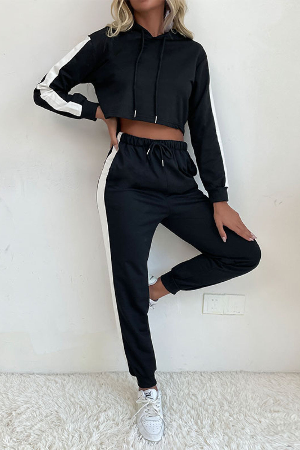 Side Stripe Cropped Hoodie and Jogger Set Trendsi