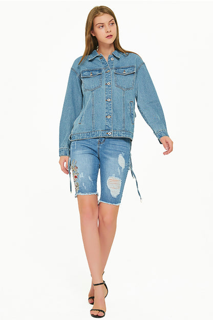 Cutout Back Tassel Denim Jacket Trendsi