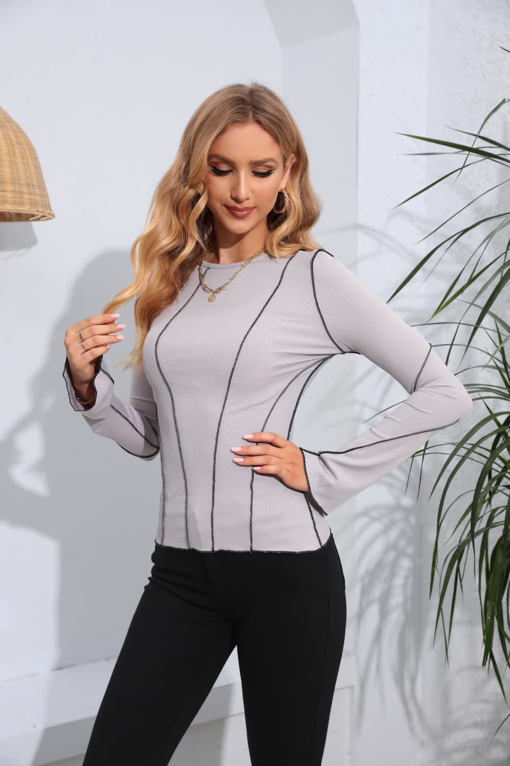 Ribbed Round Neck Long Sleeve Blouse Trendsi