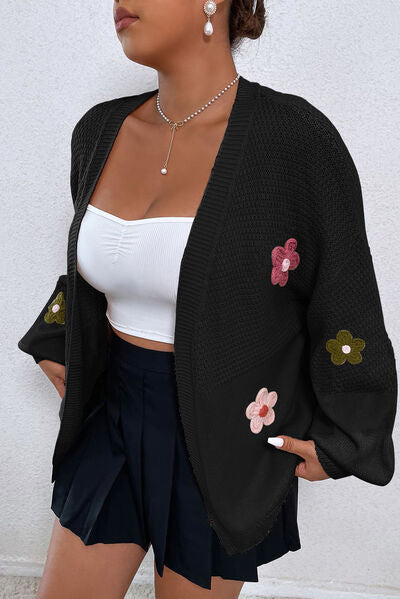 Flower Open Front Dropped Shoulder Cardigan