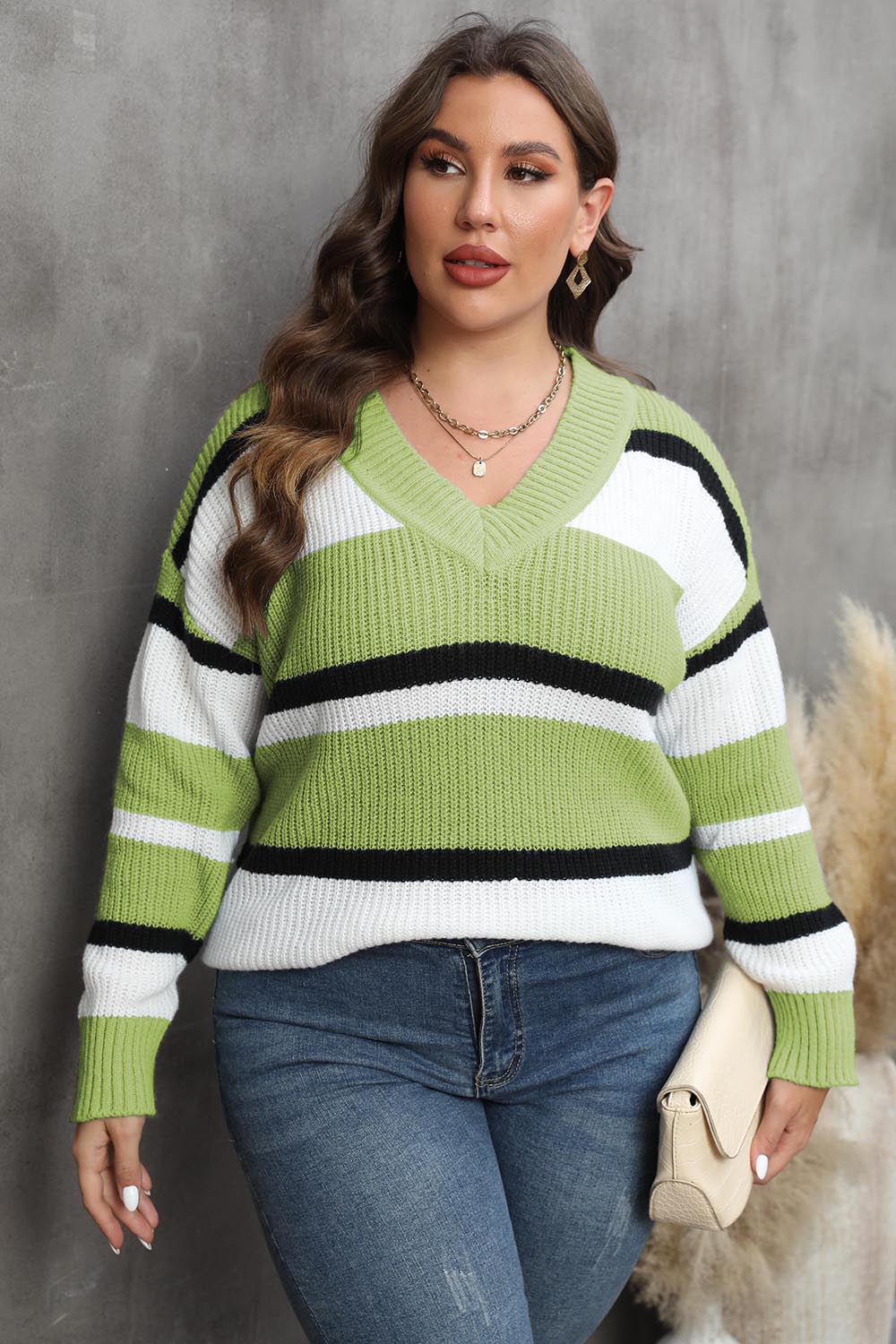 Plus+ Striped V-Neck Dropped Shoulder Sweater