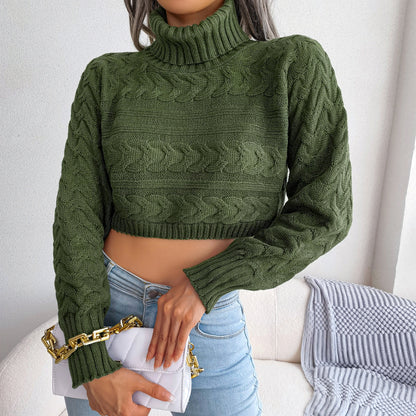 Cable-Knit Turtleneck Cropped Sweater Trendsi