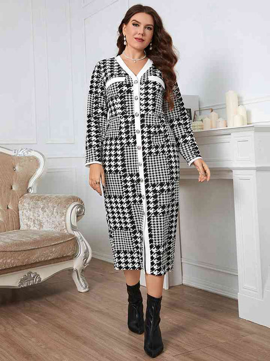 Plus+ Houndstooth Button-Down Long Sleeve Dress