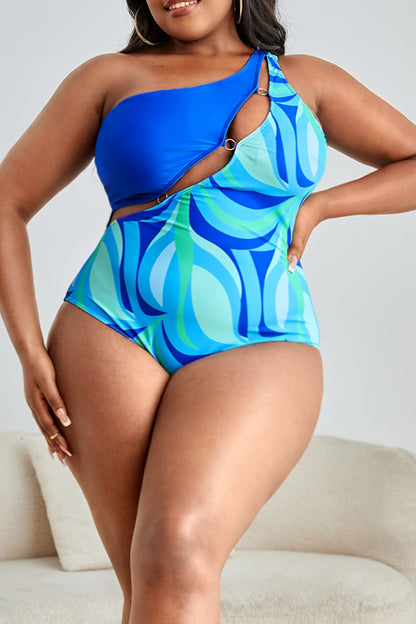 Gem Plus+ Printed Ring Detail One-Shoulder One-Piece Swimsuit