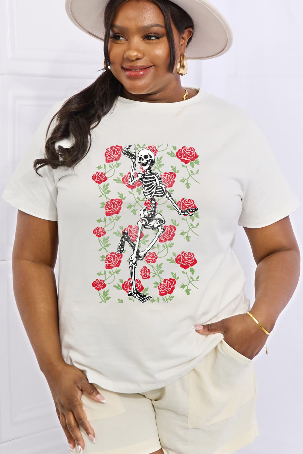 Simply Love Skeleton & Rose Graphic Cotton Tee