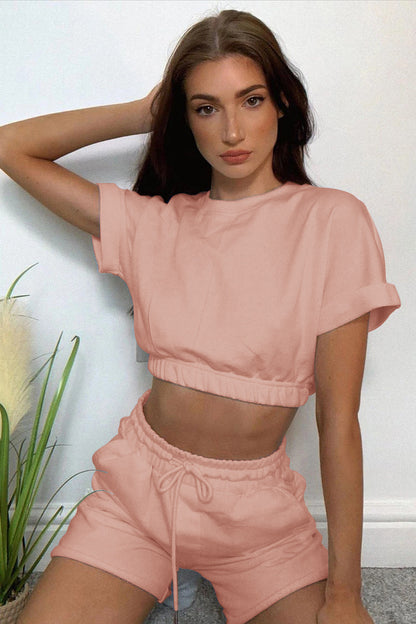 Short Sleeve Cropped Top and Drawstring Shorts Lounge Set Trendsi