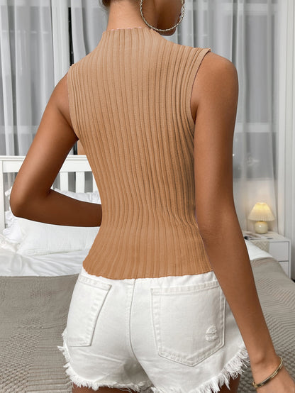 Mock Neck Ribbed Knit Tank Trendsi