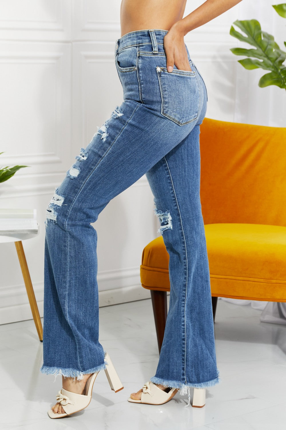 Gem Size High Waisted Patched Bootcut Jeans Trendsi