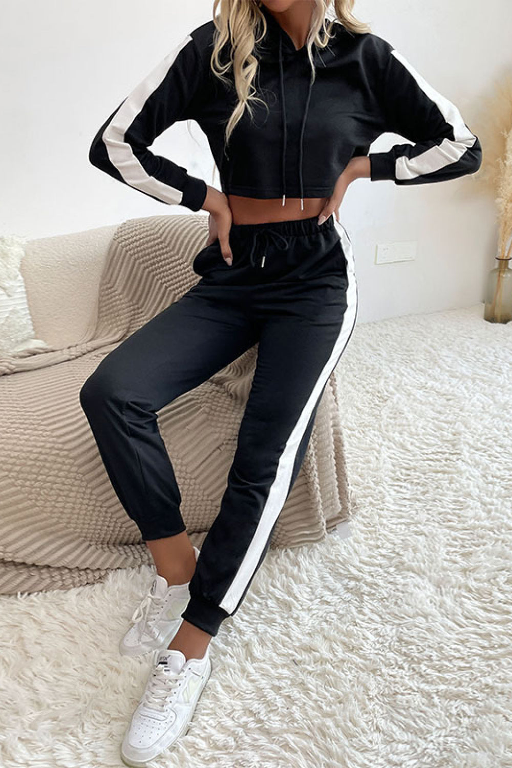 Side Stripe Cropped Hoodie and Jogger Set Trendsi