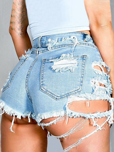 Distressed Raw Hem Denim Shorts with Pockets