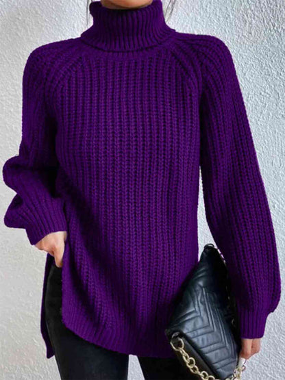 Turtleneck Rib-Knit Slit Sweater