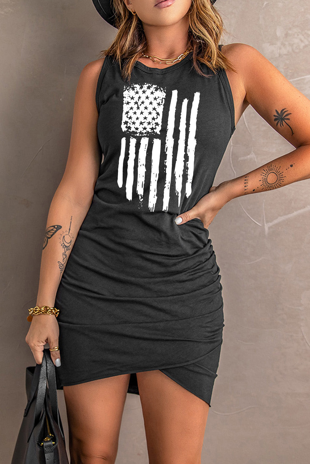 US Flag Graphic Tulip Hem Ruched Sleeveless Dress Trendsi