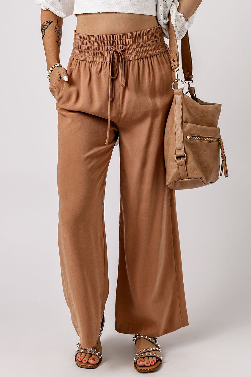 Drawstring Smocked Waist Wide Leg Pants Trendsi