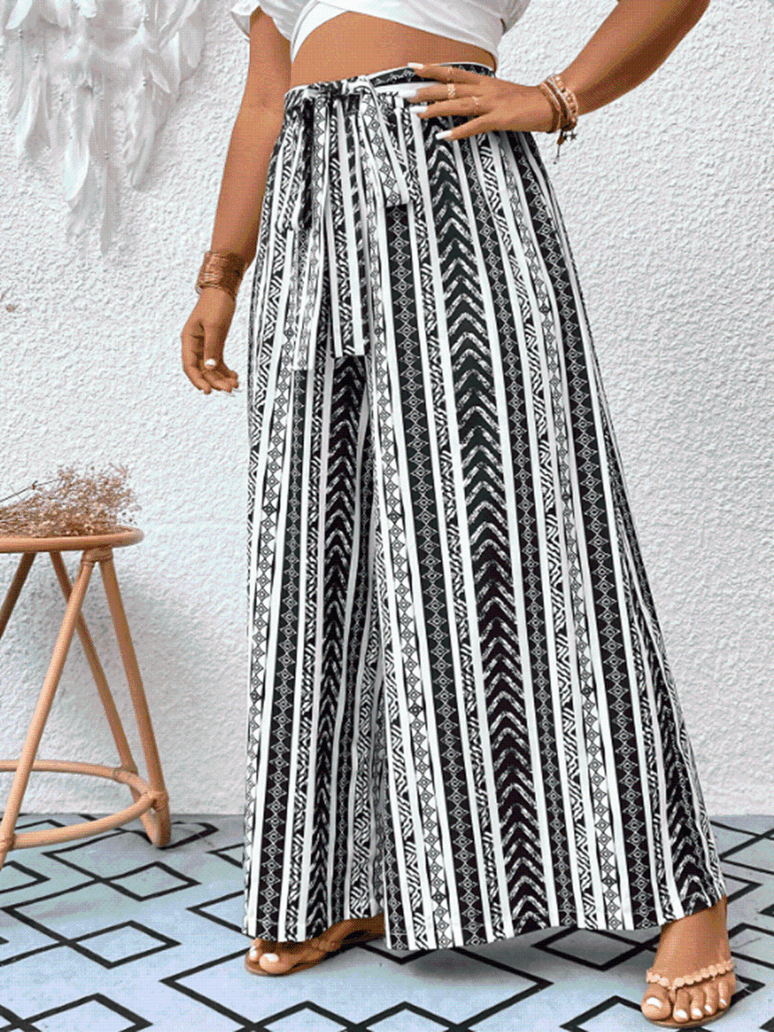 Plus+ Striped Tied Wide Leg Pants