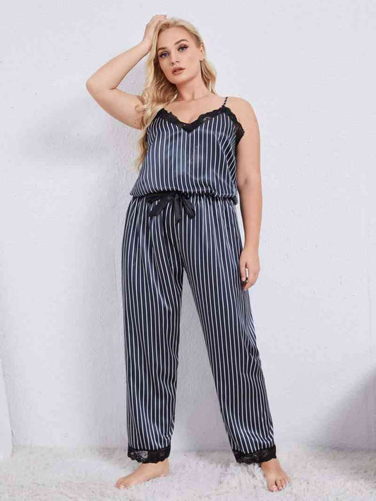 Plus+ Vertical Stripe Lace Trim Cami and Pants Pajama Set