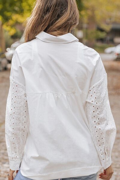 Openwork Button Up Pocketed Shirt