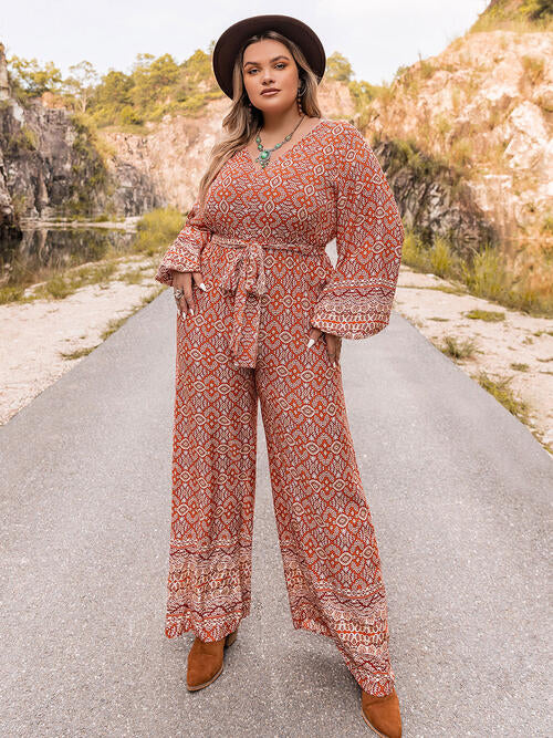 Plus+ Printed V-Neck Tie Front Balloon Sleeve Jumpsuit