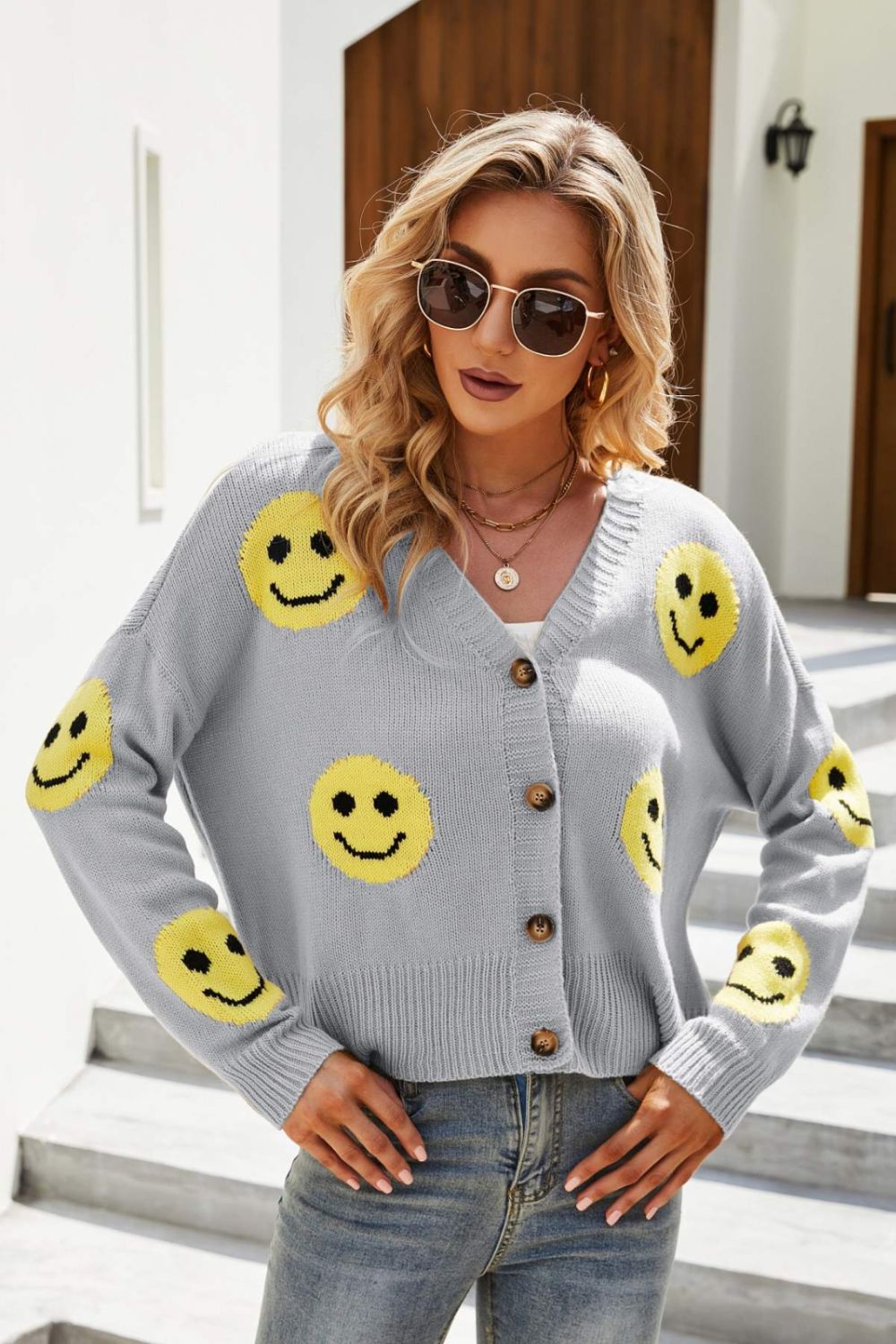 Smiley Face Ribbed Trim V-Neck Cardigan Trendsi