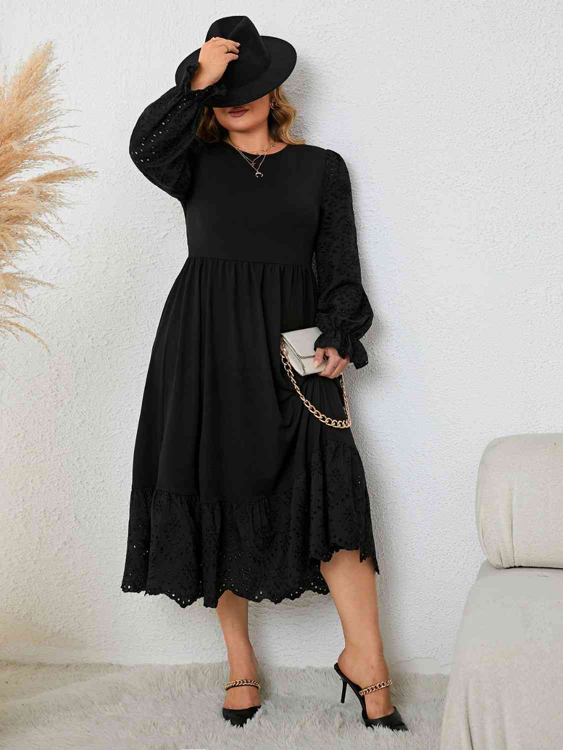 Plus+ Flounce Sleeve Lace Detail Dress