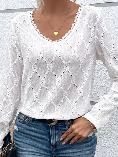 Eyelet V-Neck Long Sleeve T-Shirt