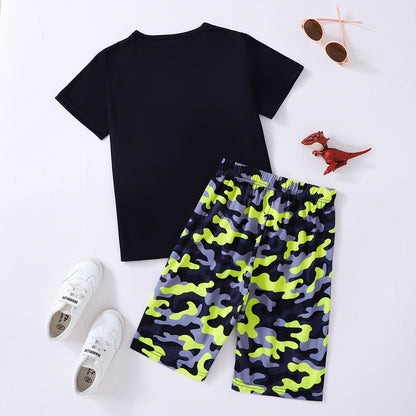 Boys Dinosaur Graphic Tee and Camouflage Shorts Set Trendsi