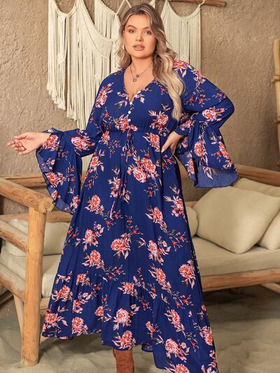 Plus+ Printed Half Button Flare Sleeve Dress