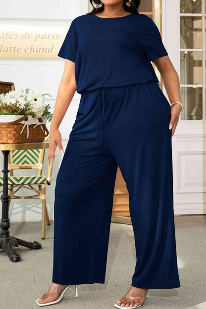 Plus+ Drawstring Waist Short Sleeve Jumpsuit