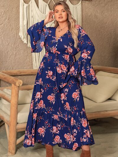 Plus+ Printed Half Button Flare Sleeve Dress