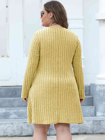 Plus+ Ribbed Buttoned V-Neck Long Sleeve Dress