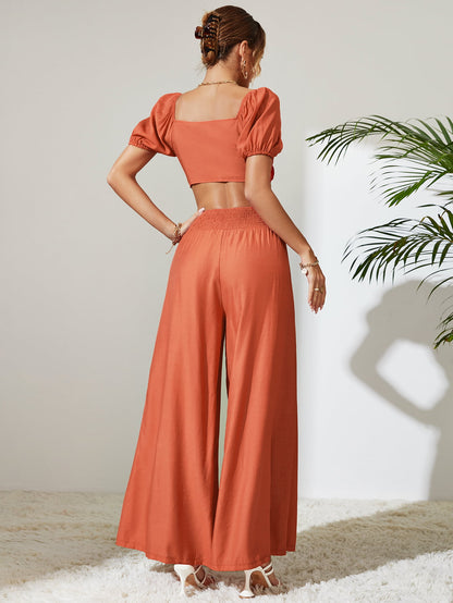 Tie Front Cropped Top and Smocked Wide Leg Pants Set Trendsi