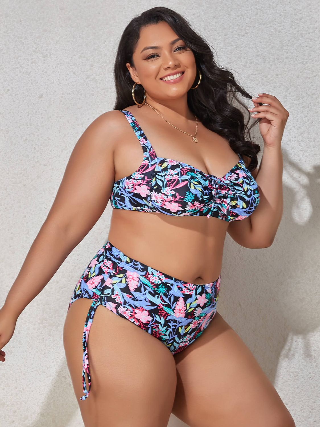 Gem Plus Printed Drawstring Detail Bikini Set Trendsi