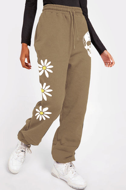 Simply Love Drawstring Flower & Skull Graphic Long Sweatpants