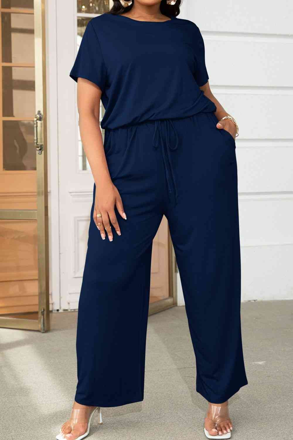 Plus+ Drawstring Waist Short Sleeve Jumpsuit