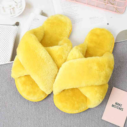 Faux Fur Crisscross Strap Slippers