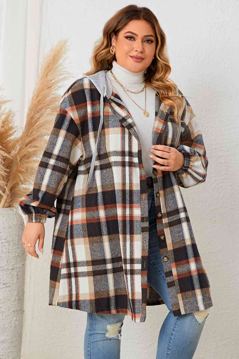 Plus+ Plaid Drop Shoulder Hooded Coat