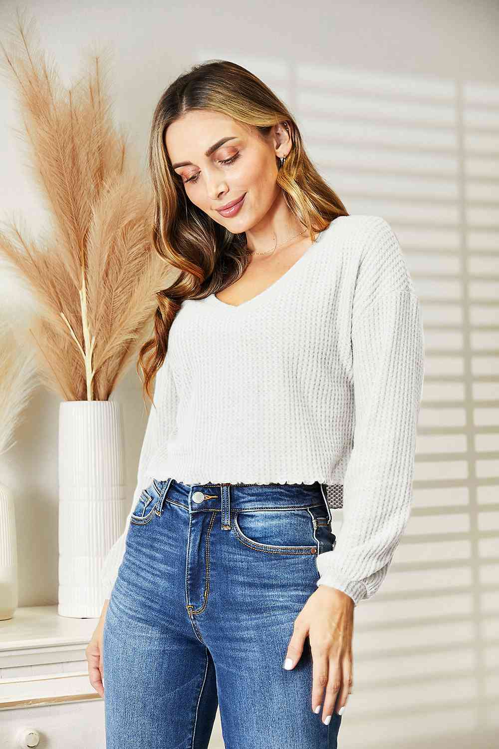 Waffle-Knit V-Neck Blouse