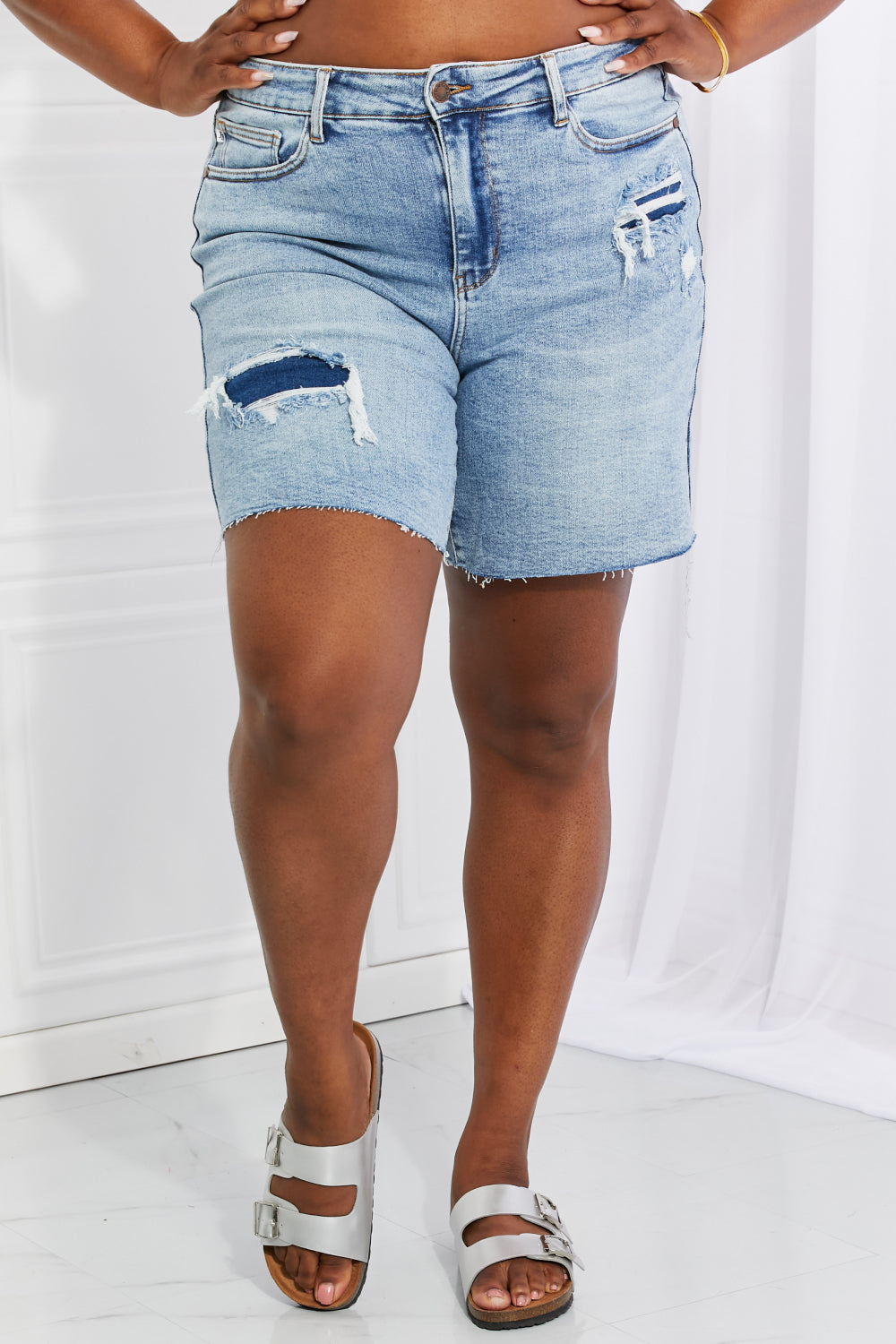 Judy Blue Hallie Mid-Length Denim Patch Shorts