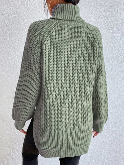 Turtleneck Rib-Knit Slit Sweater