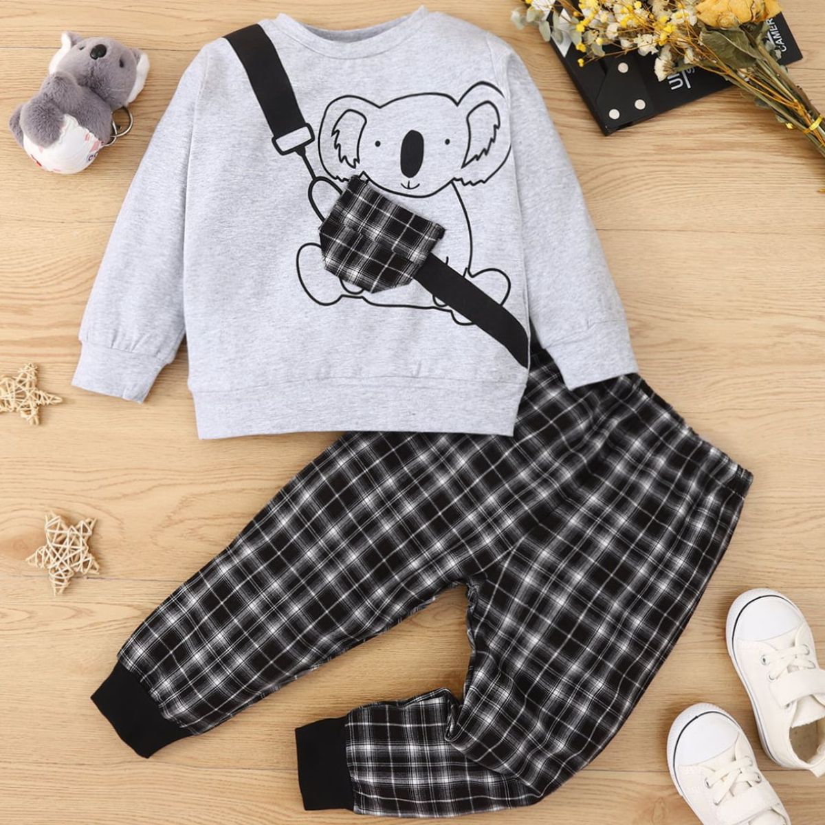 Kids Animal Graphic Sweatshirt and Plaid Joggers Set Trendsi