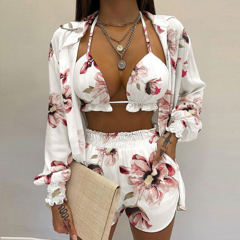 Sexy printed long-sleeved shirt and shorts three-piece suit kakaclo